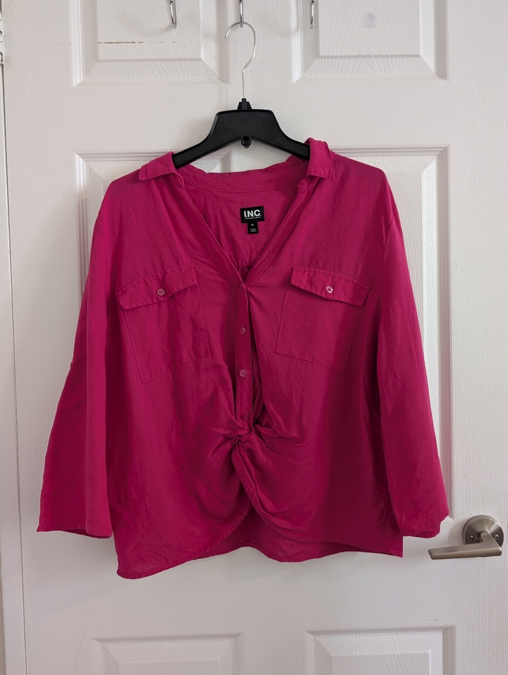INC International Concepts Fuchsia Linen Blend Twist Front Button Down Blouse XL